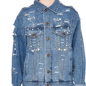 Pearl Embellished Distressed Denim Jacket